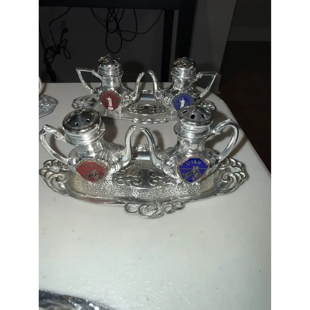 Vintage Silver-Toned Souvenir Teapot Salt and Pepper Shaker Sets - Lot of 5